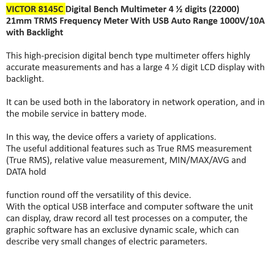 Victor/RuoShui 8145C Digital Bench Multimeter Large LCD Display 22000 Count True RMS Auto Range with USB Electric Digital multimeter(Victor 8145C)