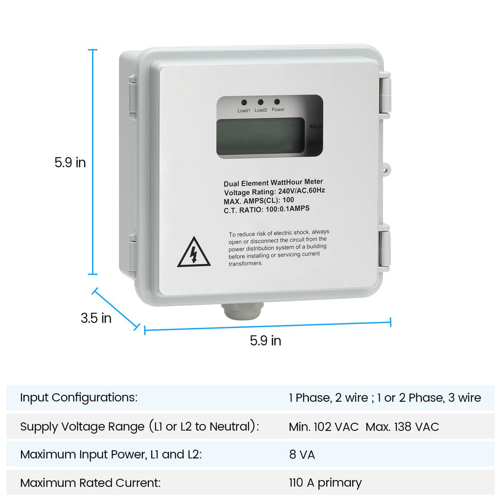 Outdoor Surface Mount Mechanical Counter, Zuomeng 120/240V 2P3W 100A Mini Power Meter Kit with Backlit LCD Display, Includes 2 Solid Core CTs, Precision Dual-Circuit PWH Measurement