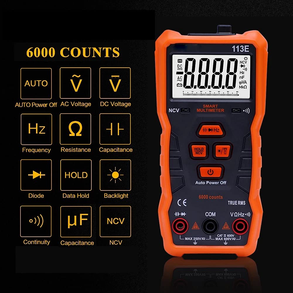 RM113E NCV Digital Multimeter 6000 Counts Auto Ranging AC/DC Voltage Temperature Measuring Meter with Large Screen