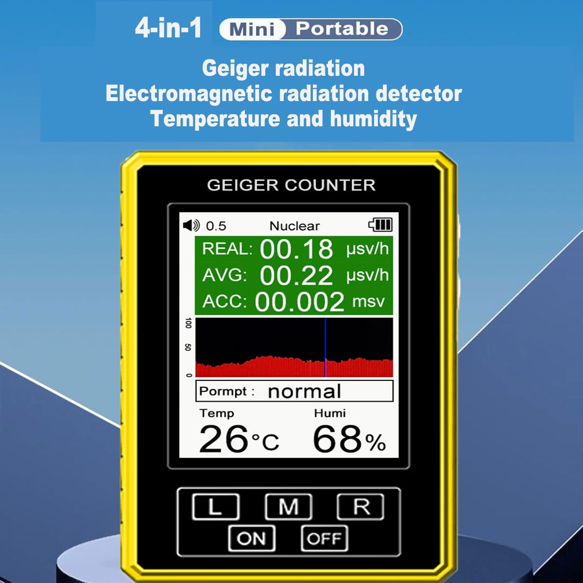 4-IN-1 Geiger Counter, Nuclear Radiation& Electromagnetic&temperature and Humidity Detector, Portable Radiation Dosimeter with LCD Display, Handheld Beta Gamma X-ray Radiation Monitor Meter, for Lab