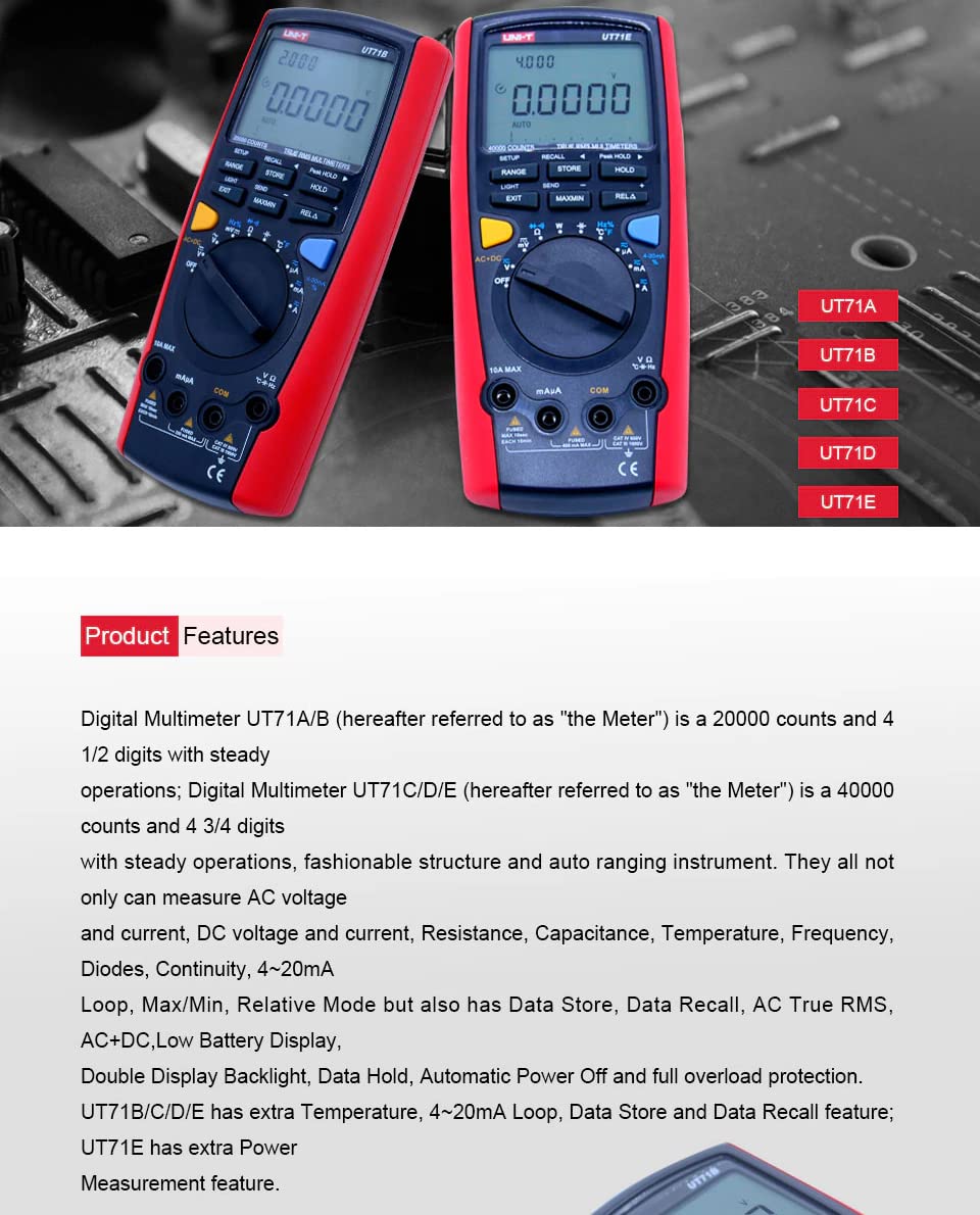 UNI-T Uni-Trend Multimeter clamp Meter UT71A/UT71B/UT71C/UT71D/UT71E Middle Size Intelligent Digital Multimeter AC/DC Volt Ampere Ohm Capacitance Temperature Test Meter(UT71A)