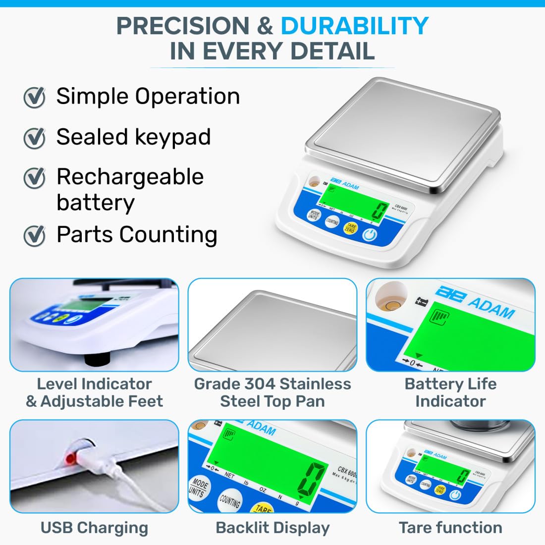 Adam Equipment - Digital Scales CBX Compact Balances - Capacity: 1200g, Readability: 0.1g Model: CBX 1201