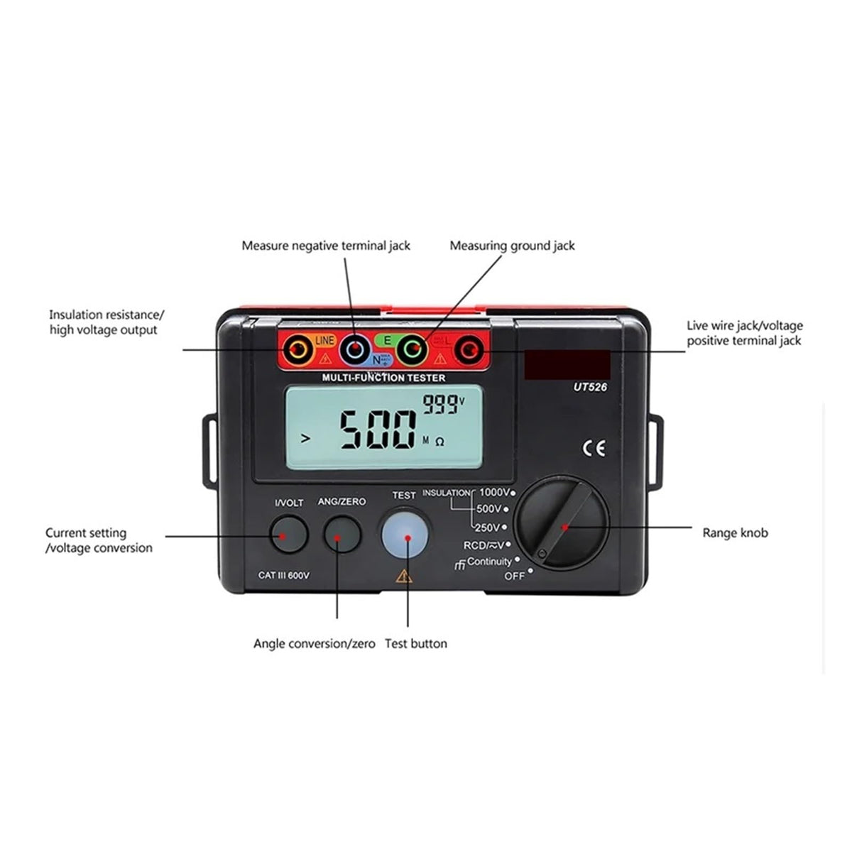 Resistance Tester, UT526Digital Electrical Meter Insulation Resistance Tester AC DC Voltmeter/RCD/Low Continuity
