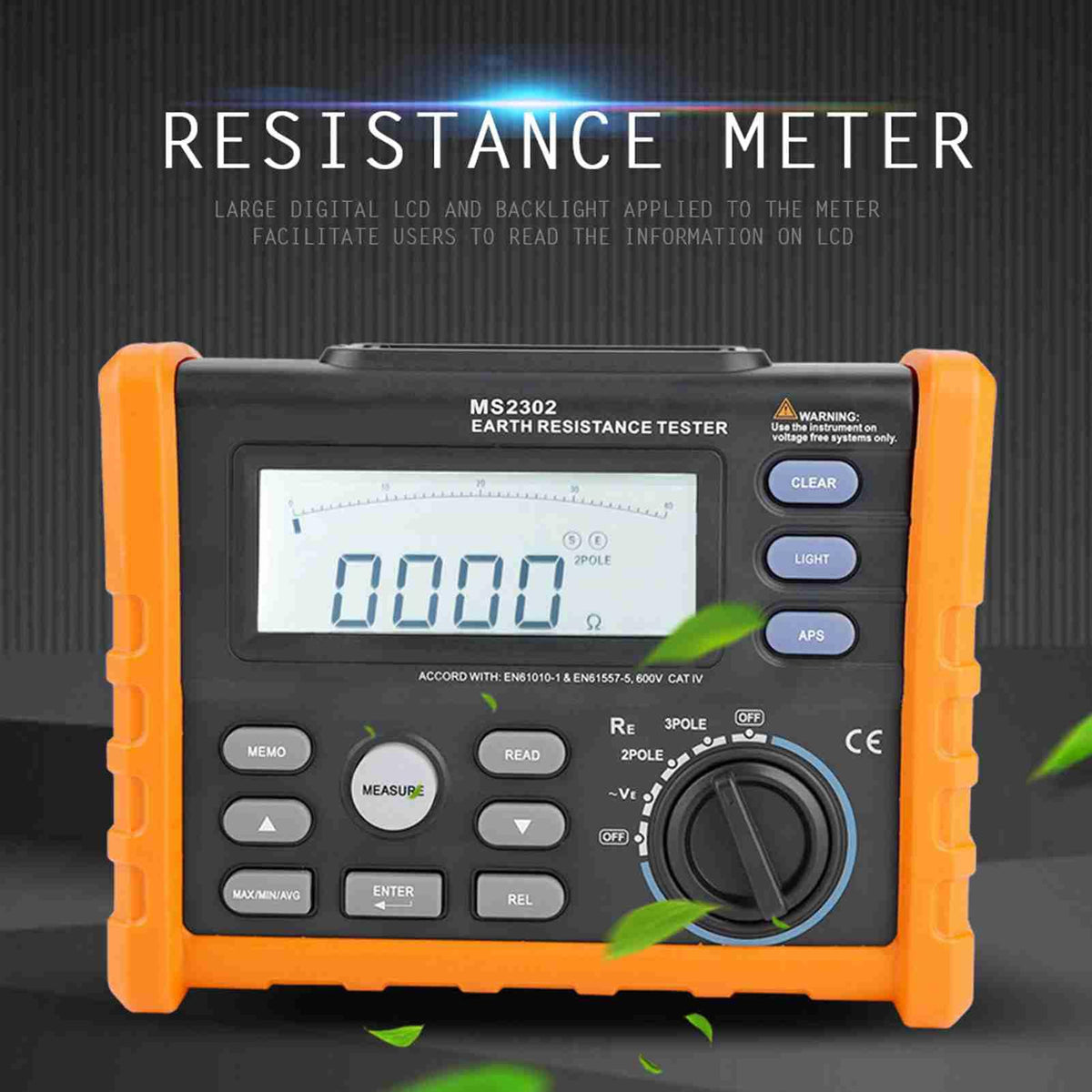 PM2302 Digital Resistance Meter Ground Earth Tester 0-4K Ohm Insulation Tester Multimeter with LCD Backlight Display