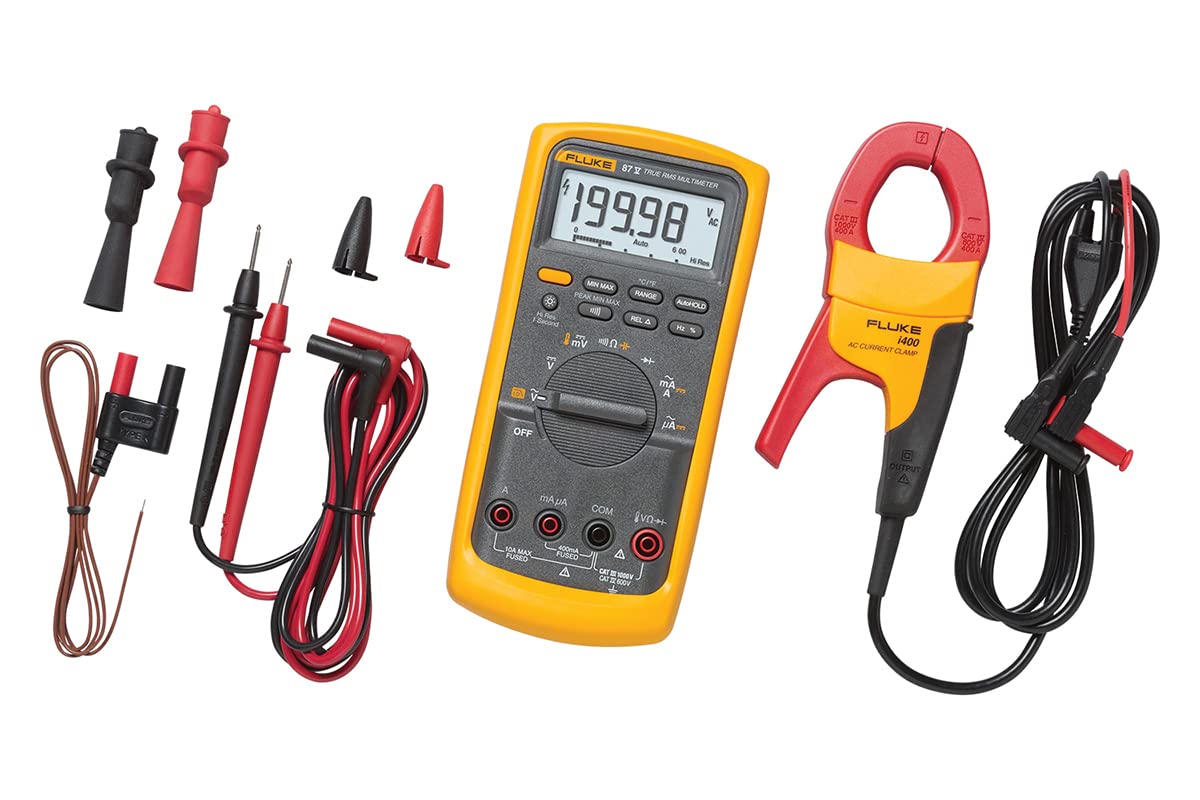Fluke 87V/IMSK Industrial Digital Multimeter with Fluke i400 Current Clamp Kit, Converts 87V Into Clamp Meter, AC Current Measurements Up to 400 A, Includes Temp Probe, Test Leads and Alligator Clips