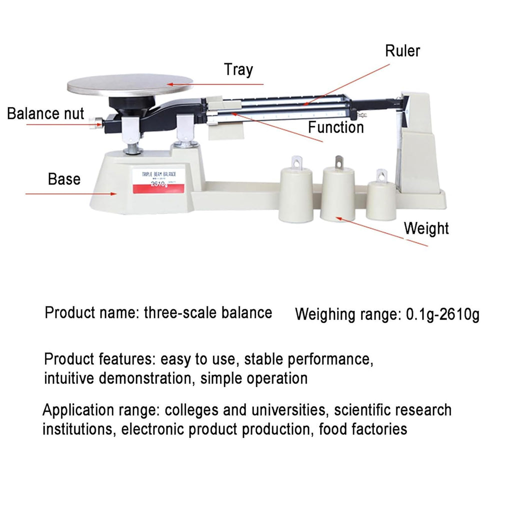 Triple Beam Mechanical Balance Scale, Precision Mechanical Balance Scale with 3 Weights, Weighing Range 0.1g-2610g and Accuracy 0.1g, Durable and Clear, for School, Factories, Laboratory