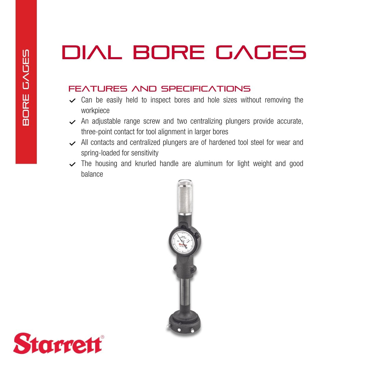 Starrett 84 Series Dial Bore Gage, 3-5-3/16" Range, .0001" Graduation