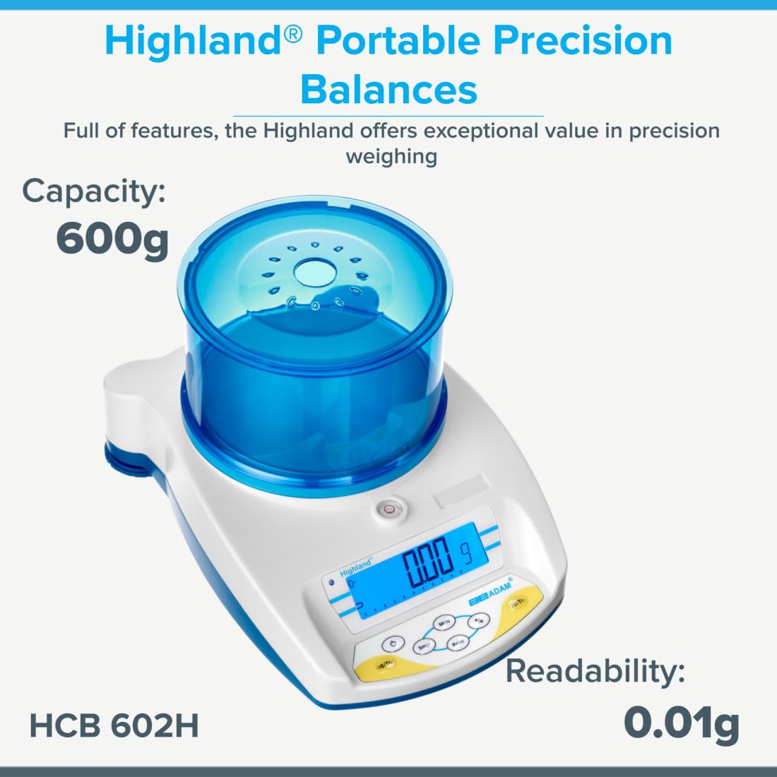 Adam Equipment HCB 602H Highland Portable Precision Balance, 600g Capacity and 0.01g Readability