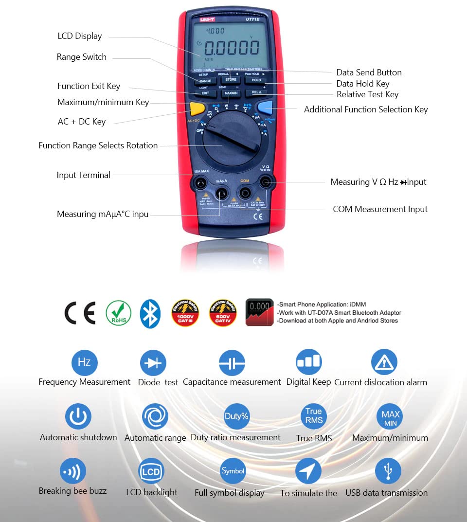 UNI-T Uni-Trend Multimeter clamp Meter UT71A/UT71B/UT71C/UT71D/UT71E Middle Size Intelligent Digital Multimeter AC/DC Volt Ampere Ohm Capacitance Temperature Test Meter(UT71A)