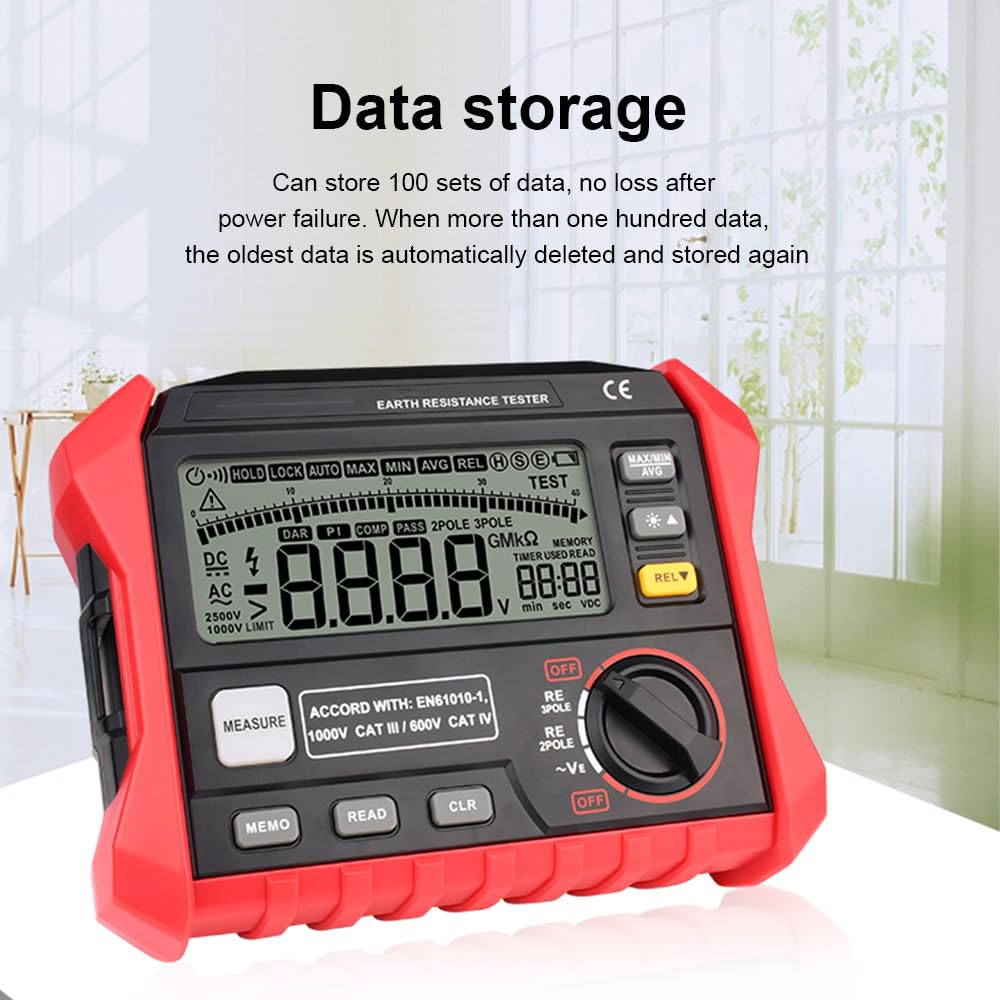 Insulation Resistance Multi Tester, Electrical Megger Insulation Resistance Tester, with Data Storage, Large Screen Backlit Display, Auto Shutdown Function, for Testing Industry