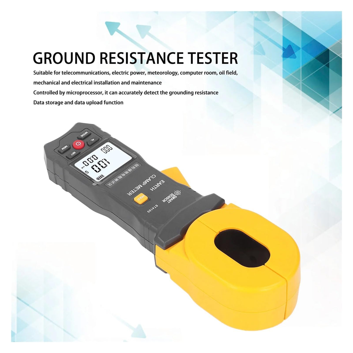 Resistance Meter, ST4100 Digital LCD Clamp Ground Resistance Meter Ground Earth Resistance Meter Tester Resistance Range 0.010~500Ω Data Storage