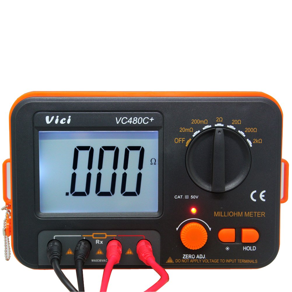 AideTek VC480C Precision Milliohm Meters 4 Wire Kelvin Clip 0 Adjust Large LCD Backlit LCD Data Hold Manual Zero Display Adjust with Calibration Certificate