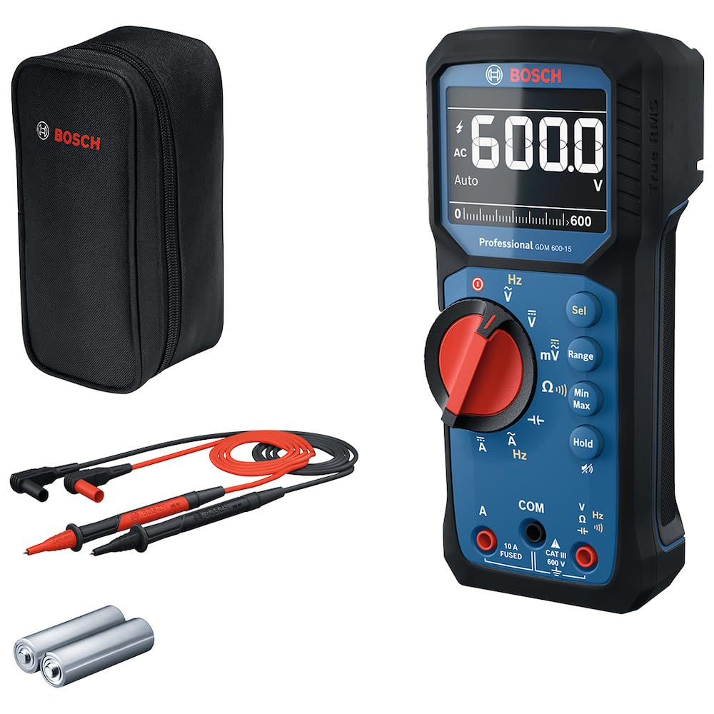Bosch Professional Digital Multimeter GDM 600-15 (True RMS, Inverted LCD, Measures Frequency/Continuity/Resistance/capacitance, Min/Max/Average, Test Leads MS 90)