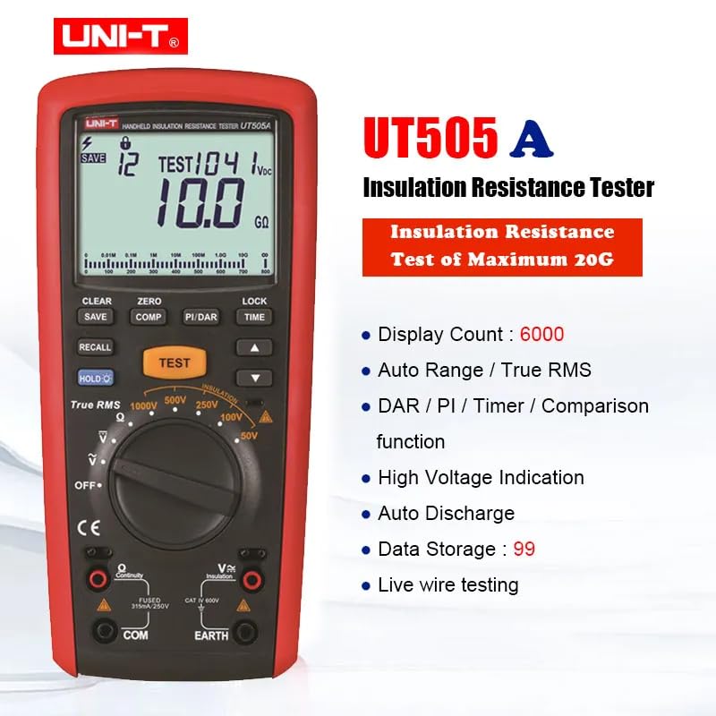 UNI-T Uni-Trend Ground Resistance Meter UT505A 505B 1000V Digital Handheld True RMS Megger Insulation Resistance Meter Tester Multimeter Ohm Voltmeter Megohmmeter(UT505A)