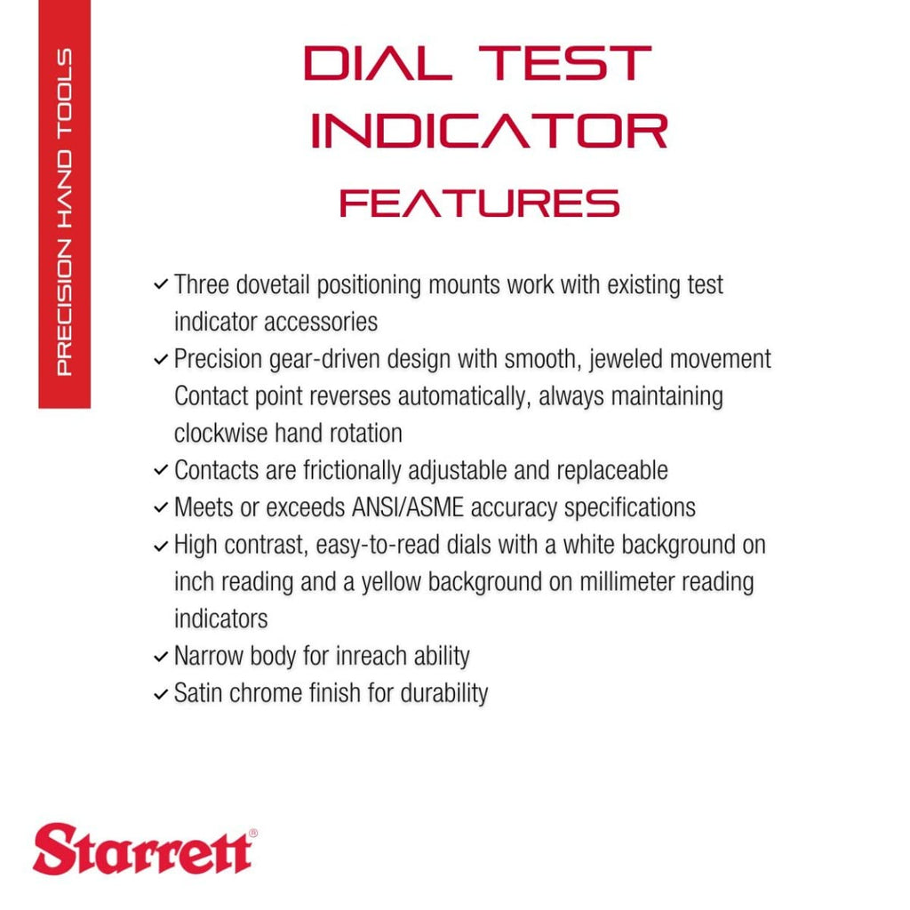 Starrett Dial Test Indicator, 1-9/16" Dia, .0005" Graduation, .030" Range