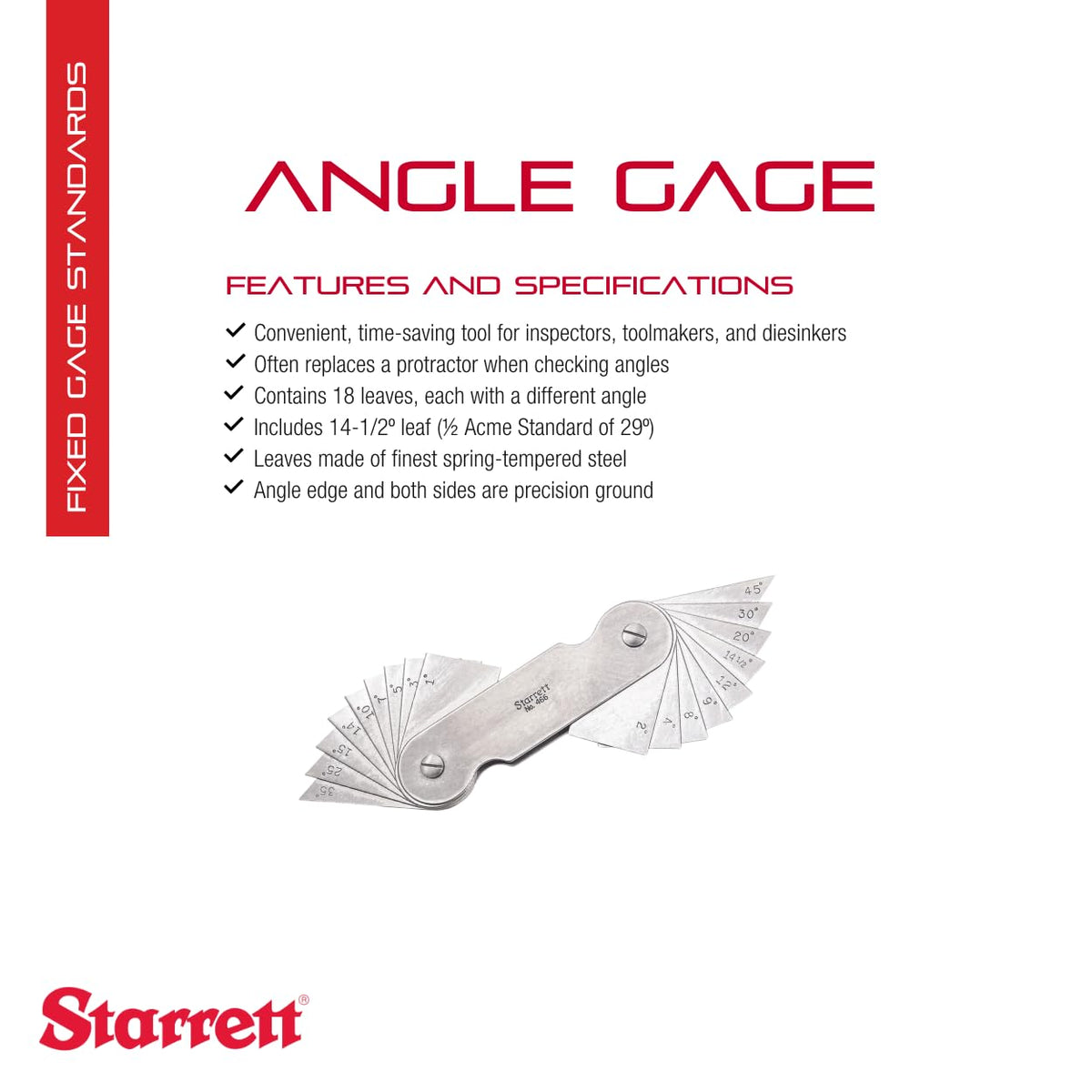 Starrett Angle Gage, 18 Leaves, 1 to 45 Degree Range, 1-1/16" W, 4-3/16" L