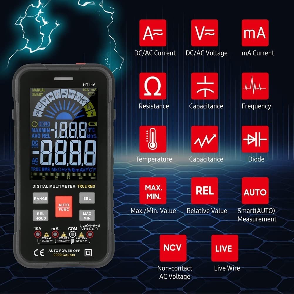 Multimeter, Auto-Ranging Digital Multimeter, Electrical Tester with NCV, True RMS 9999 Counts AC/DC Voltmeter Ammeter Ohmmeter, Resistance, Live Line Digital Testers with LCD Backlight