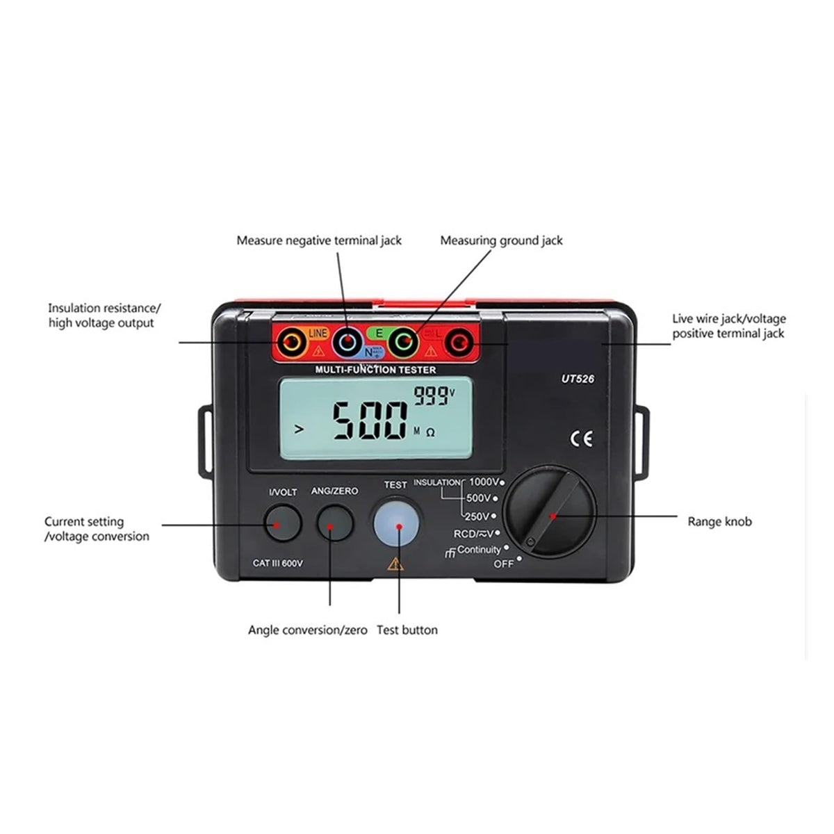 Resistance Tester Digital Electrical Meter Insulation AC DC Voltmeter UT526 RCD Test/Low Continuity Measure