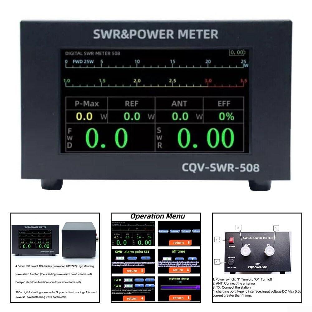 SWR Power Meter CQV-SWR-508 200W Digital Standing Wave Meter Work from 1.8-54Mhz, Accurate Measurement Power Meter with Standing Wave Function