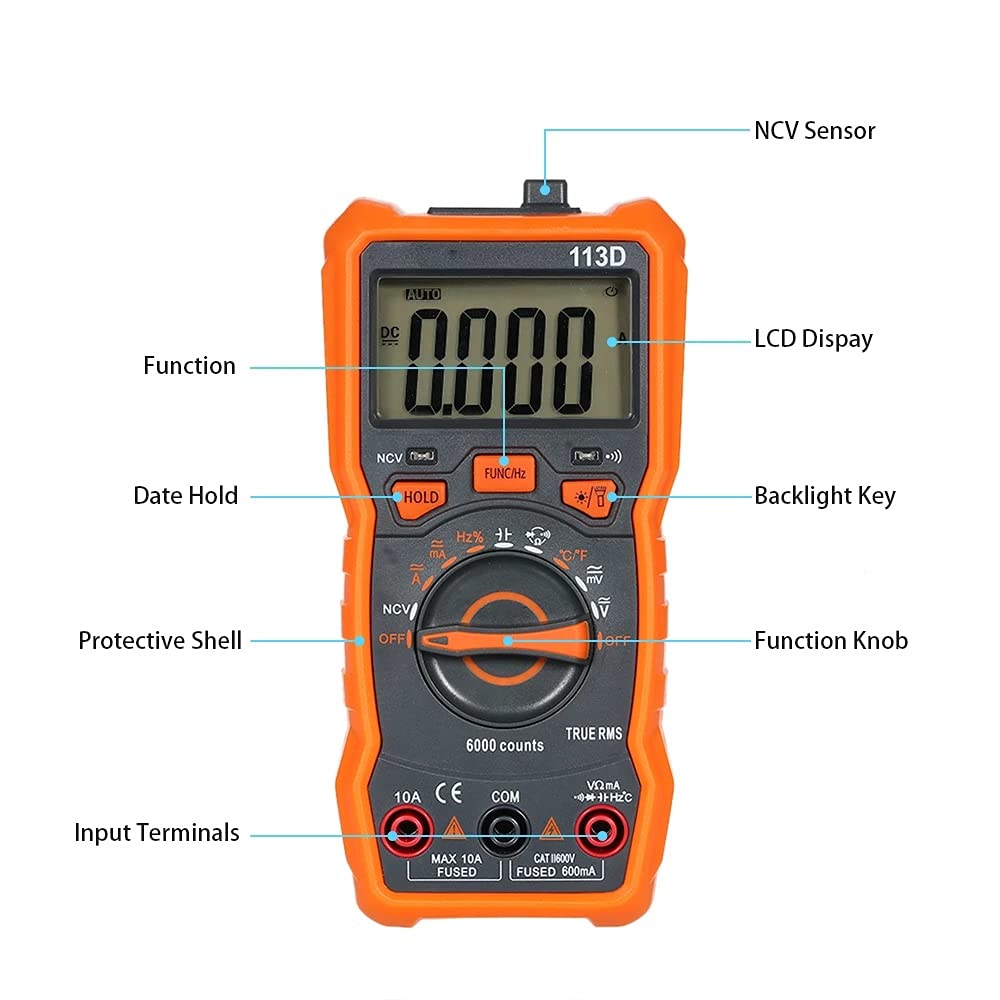 RM113D NCV Digital Multimeter 6000 Counts Auto Ranging AC/DC Voltage Meter Flash Light Back Large Screen