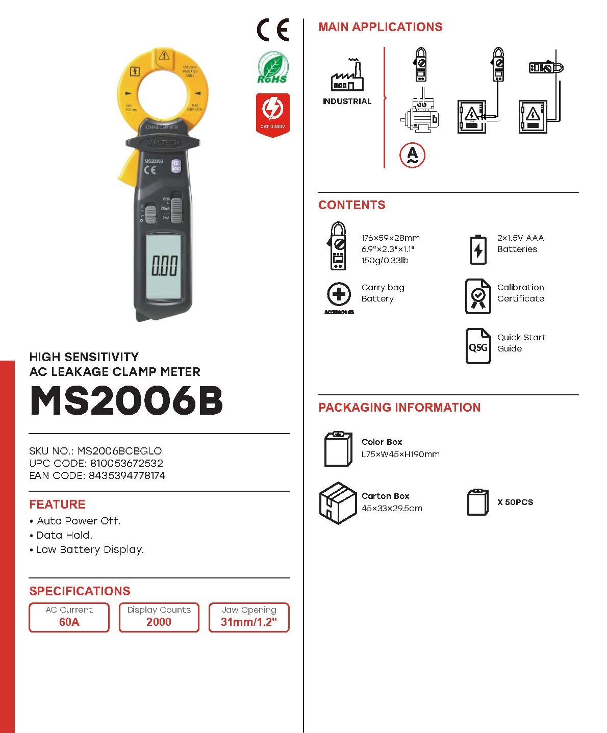 MGL MASTECH MS2000G MS2001/C MS2006B MS2008 MS2009A/C Digital Clamp Leakage Meter Current Pliers Voltage Circuit Tester Pincers Multimeter Homeheld Professional Electrical Tool(MS2006B)