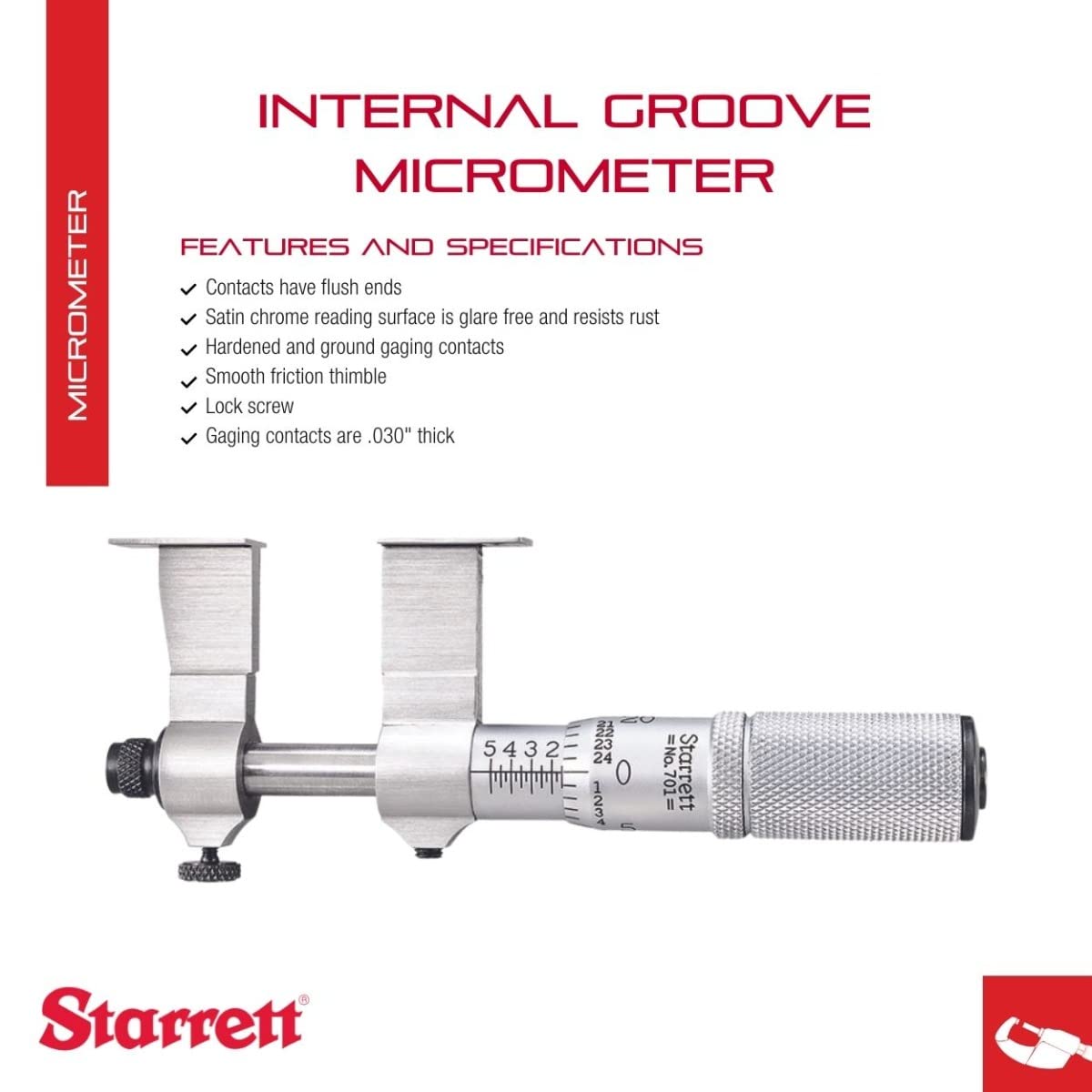 Starrett Internal Groove Micrometer, 1.500" Range, .001" Grad