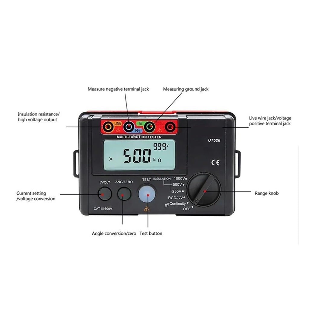 Resistance Tester, UT526 Digital Electrical Meter Insulation Resistance Tester AC DC Voltmeter/RCD/Low Resistance Continuity