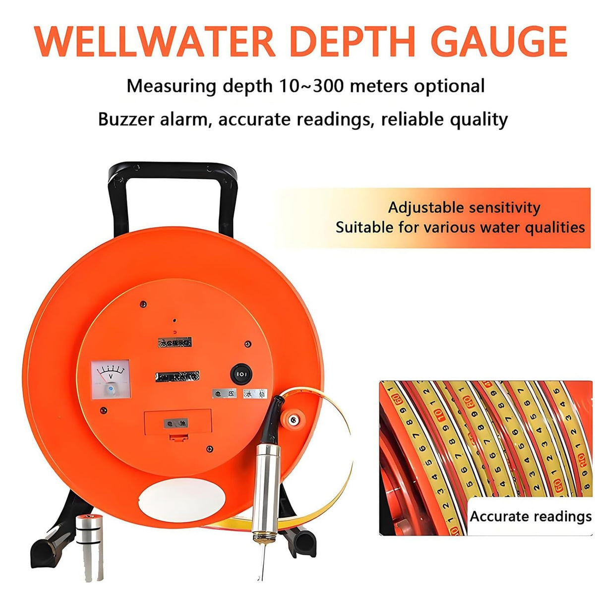 Well Water Level Meter, Depth Gauge with Fixed Probe and Steel Tape for Accurate Water Level Measurement(30M)