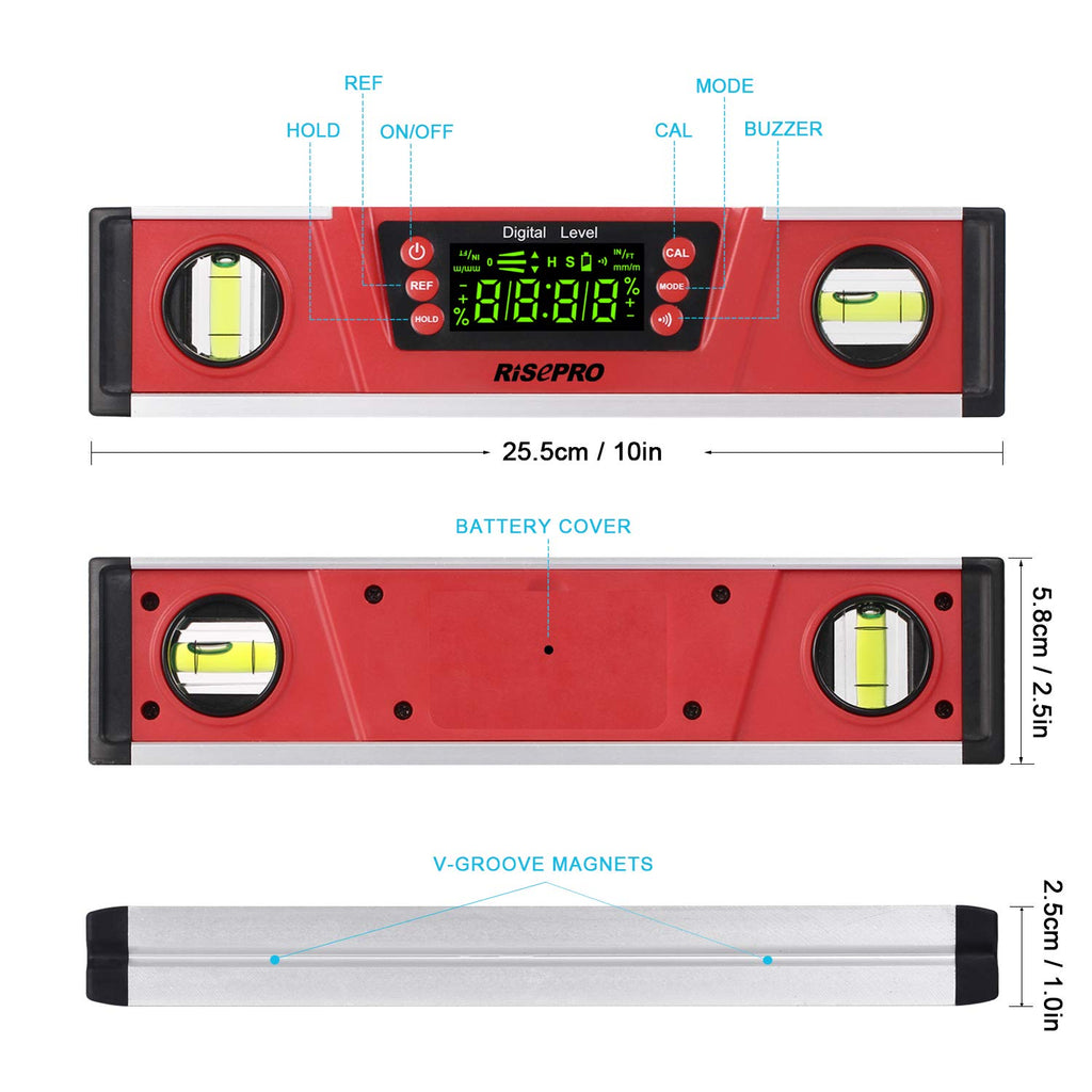 10-Inch Digital Torpedo Level and Protractor IP54 Protected Electronic Bubble Inclinometer, Angle Finder, Gauge w/Large VA Display & V-Groove Base DL135N
