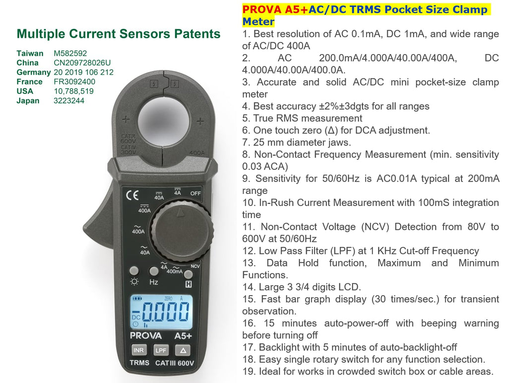 Taiwan Quality PROVA A5+ AC/DC TRMS Pocket Size Clamp Meter High Accuracy Mini Clamp Meters Amp Multimeter Voltmeter Pliers Ammeter in-Rush Current Tester NCV Multi Testers