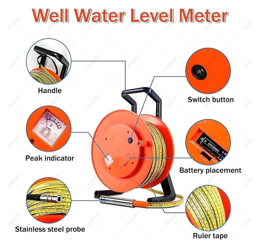 10m Water Level Meter, No Display Device Well Water Level Indicator WaterLevel Measurement with Fixed Probe and Steel Tapefor Wells, Boreholes