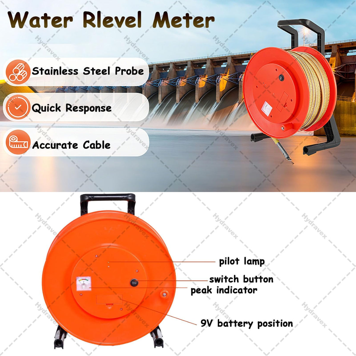 Well Water Level Indicator, Water Level Measurement Tool with Stainless Steel Probe and Steel Tape, Portable Deep Well Sounder for Boreholes, 30m (25mm 30m)