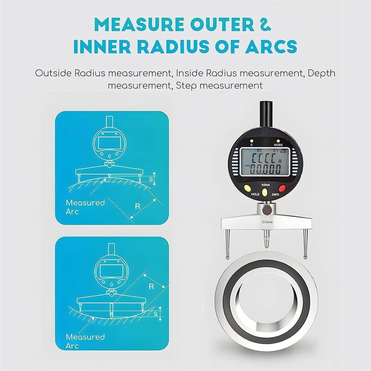 Radius Indicator Measurement Tool, Measuring Range 0-12.7mm, with 5 Measuring Jaw, Electronic Inside and Outside Radius Gage, for Mechanical Parts
