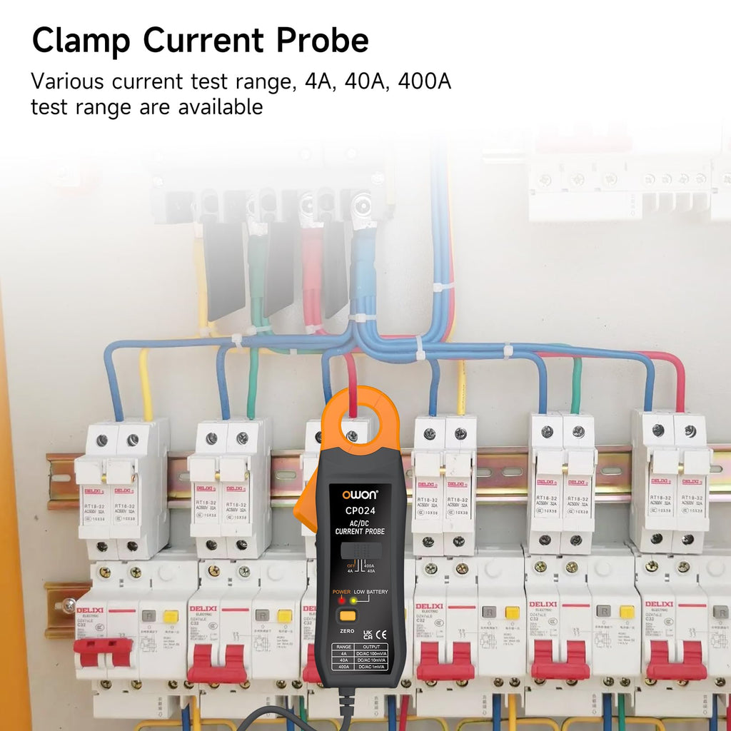 OWON CP024 AC/DC Current Probe for Oscilloscope, Current Clamp Probe 200KHz Bandwidth 4A, 40A, 200A, 300-400A Test Range, Current Tester Clamp Meter with BNC Type Connector