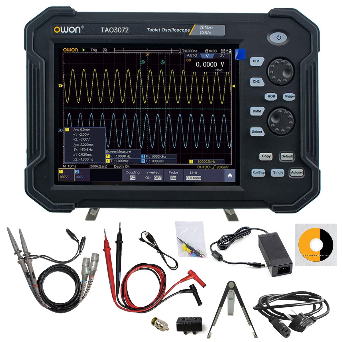 OWON TAO3072 2CH 8 inch Handheld Digital Oscilloscope with 70MHz Bandwidth and 1GS/s Sample Rate, 4 1/2 Digitals Multimeter with 8-Bit High Resolution ADC,SCPI, and LabVIEW Supported