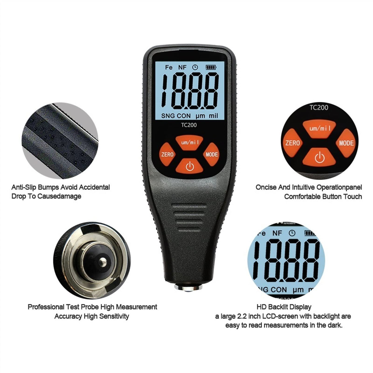 TC200 Coating Thickness Gauge 0.1um 0-1500um Car Paint Film Thickness Tester Measuring FE/NFE Russian Manual Paint Tool