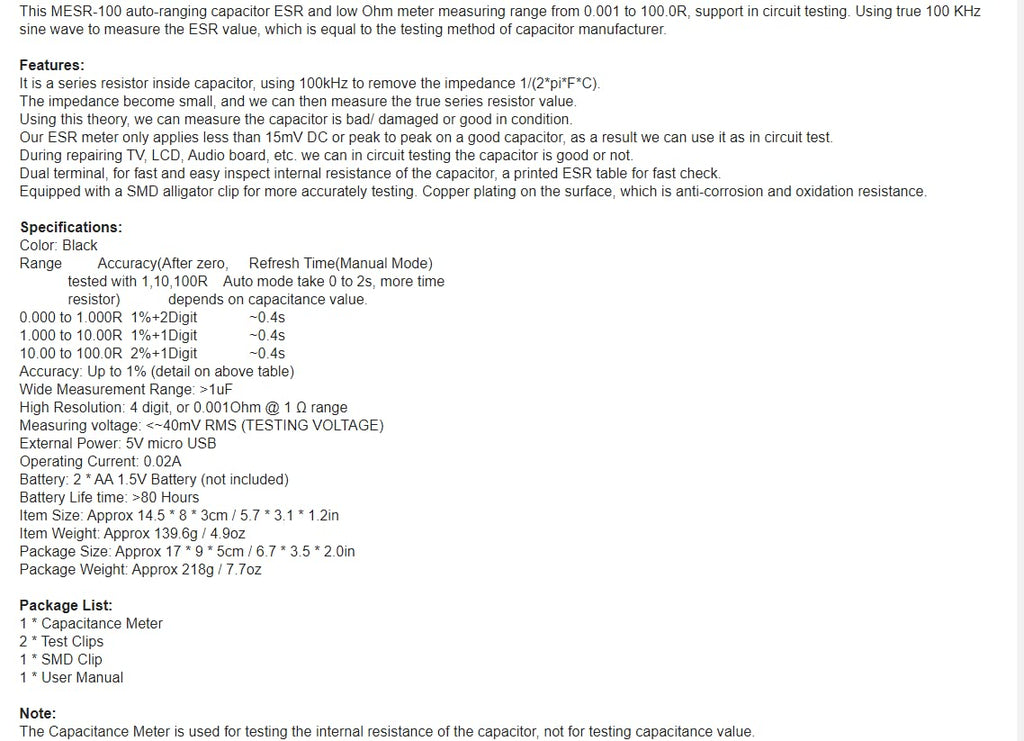 MESR-100 ESR CapacitorTester OhmMeter Professional Measuring InternalResistance of CapacitorCapacitanceCircuit Tester