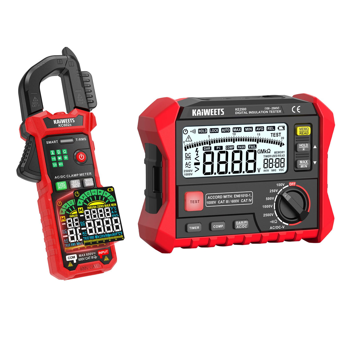 KAIWEETS KE2500 Insulation Resistance Tester Up to 200GΩ Pro Megohmmeter and KAIWEETS KC602s Smart Digital Clamp Meter 2026 Intelligent Auto Ranging Multimeter