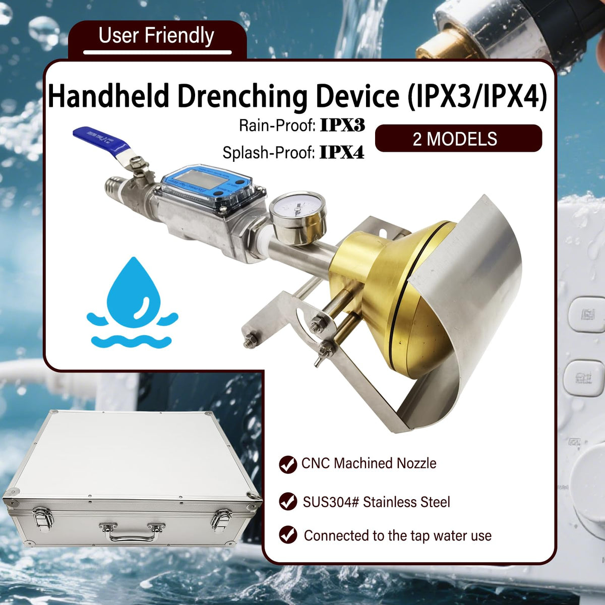 Waterproof Test Showerhead Kit IPX3/IPX4 Brass & Stainless Steel Drenching Sprinkler with Flow Meter for Electrical Housing Shower Automotive LED Lights