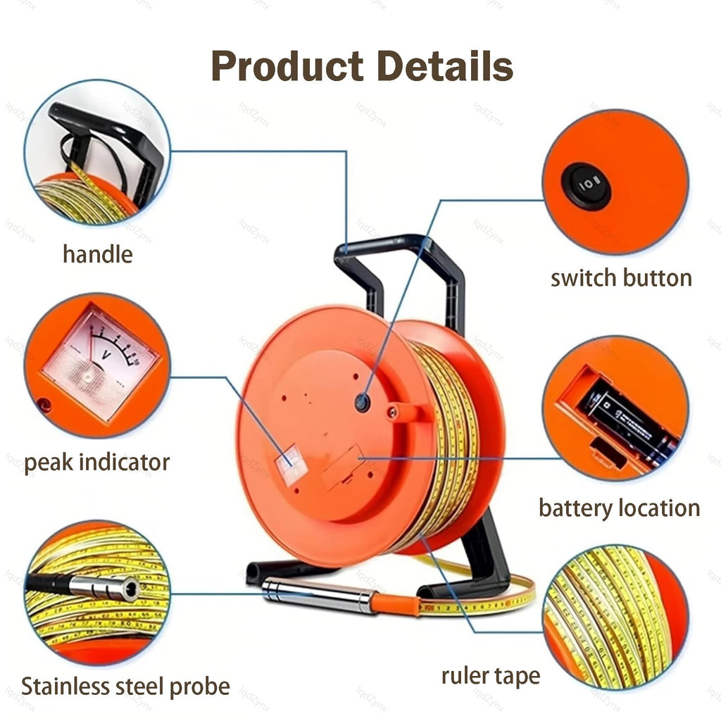 Water Level Meter, Deep Well Borehole Level Measuring Tool with Stainless Steel Probe, Steel Tape Reel, LED Display 100m(50M/164FT)