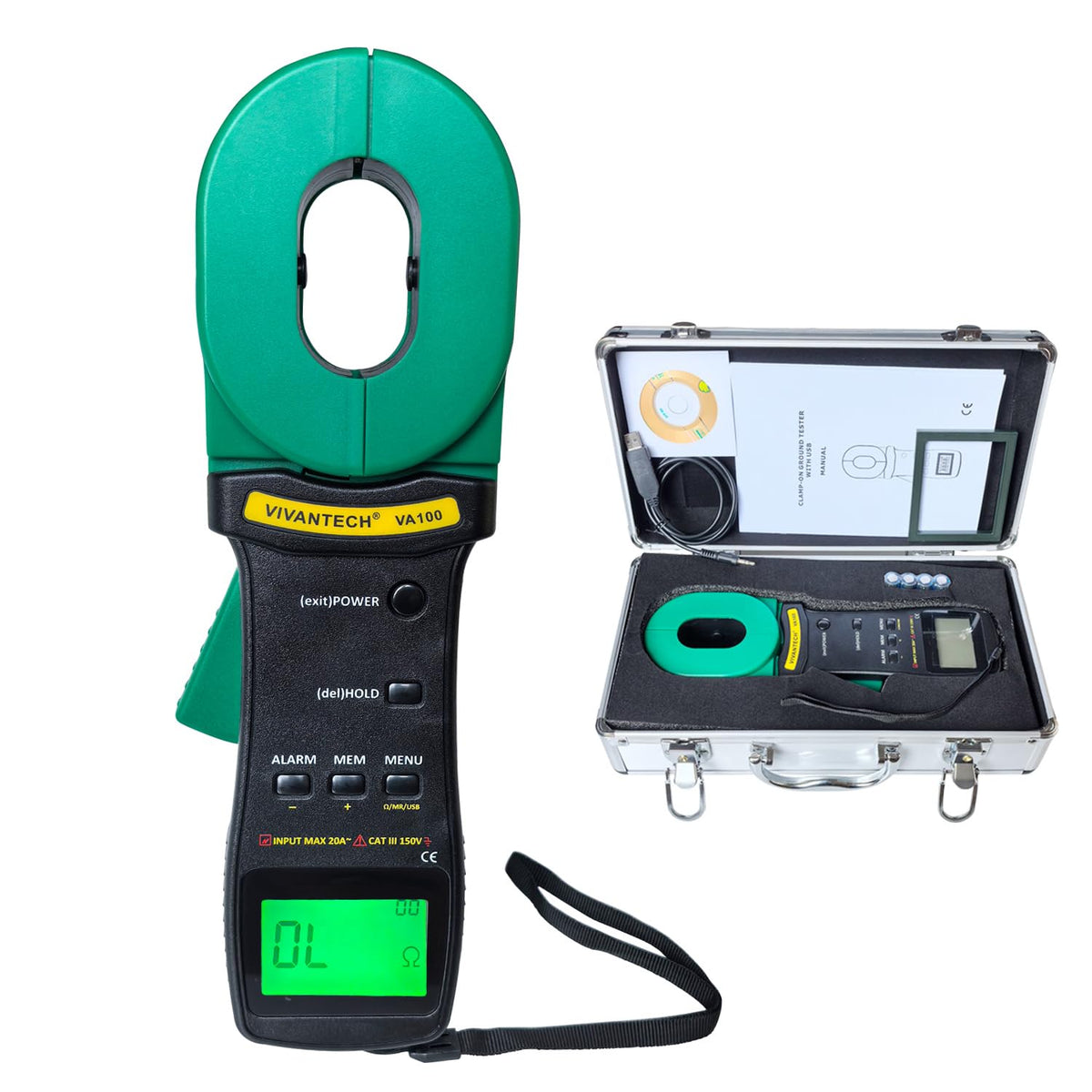 VA100 Professional Digital Clamp Ground Resistance Tester – No Disconnect Earth Testing for Power Systems, Telecom, Gas Stations & Industrial Use 0.01-1000Ω