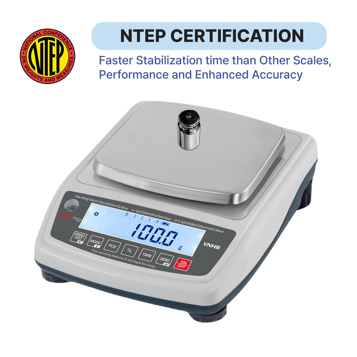 VisionTechShop VNHB-6000 Compact Balance Jewelry and Laboratory Lab Scale, g/lb/oz/ct/ozt Switchable, 6000g Capacity, 1g Readability, NTEP Legal for Trade COC #24-056