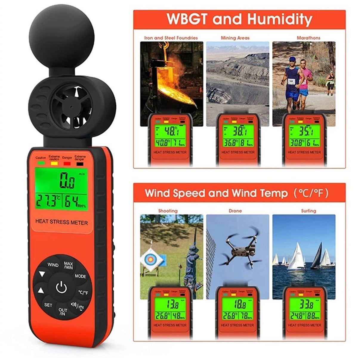 Digital Anemometer,3-in-1 Handheld Portable Anemometer LCD Wind Speed Meter Wind Speed Humidity Temperature Tester