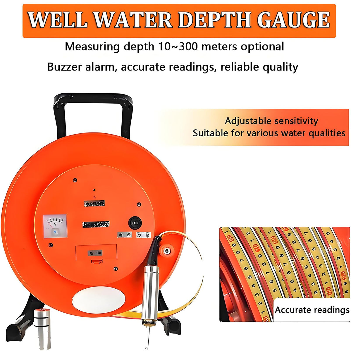 Well Water Depth Gauge - Stainless Steel Probe & Steel Tape Water Level Meter for Boreholes - Accurate Water Level Measurement Tool, 30m (98.4ft) Depth Indicator