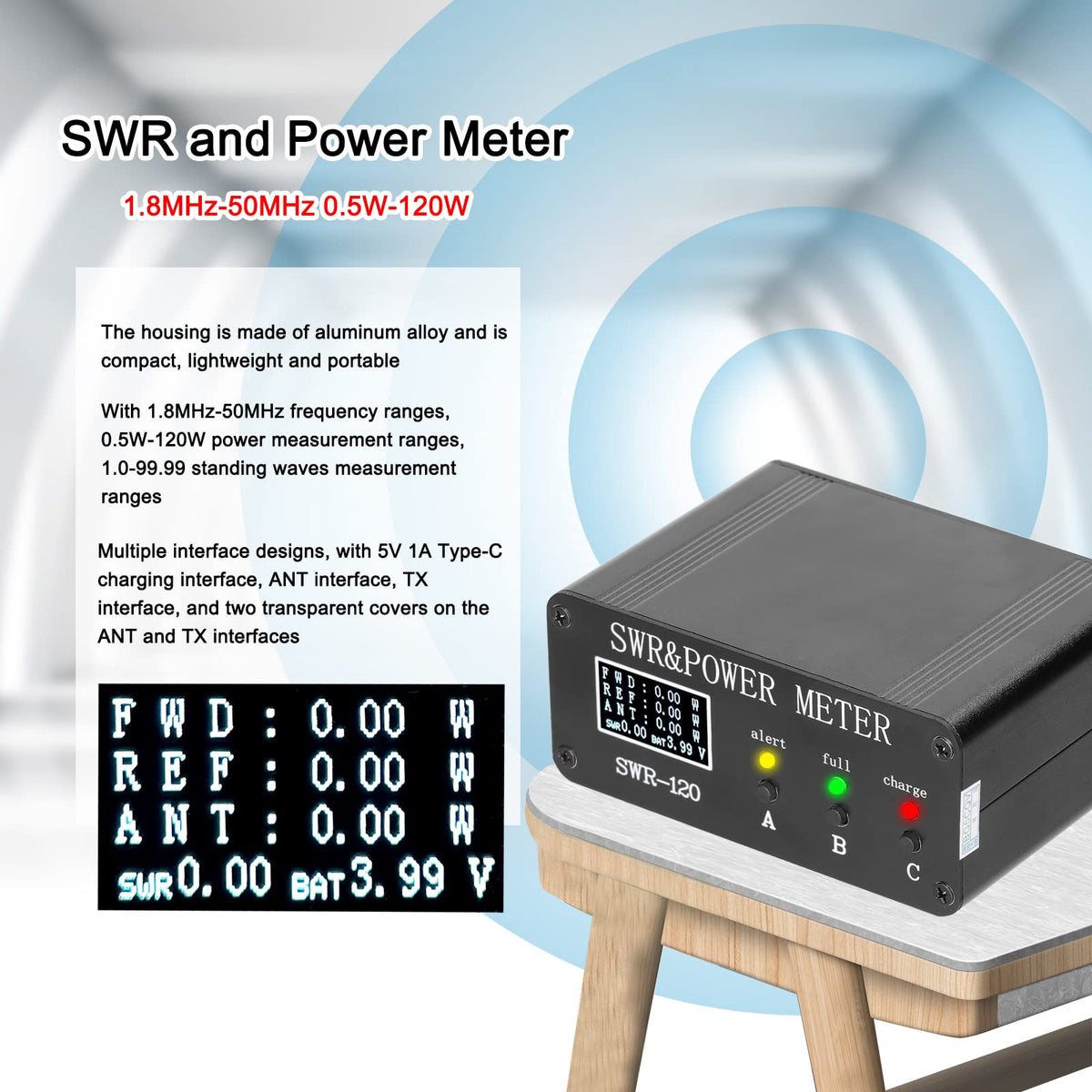 1.8MHz-50MHz 0.5W-120W Short Waves SWR and Power Watt Meter Standing Waves Meter Type-C Charging Interface SWR and Power Meter