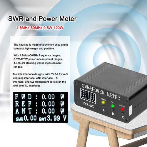 1.8MHz-50MHz 0.5W-120W Short Waves SWR and Power Watt Meter Standing Waves Meter Type-C Charging Interface SWR and Power Meter