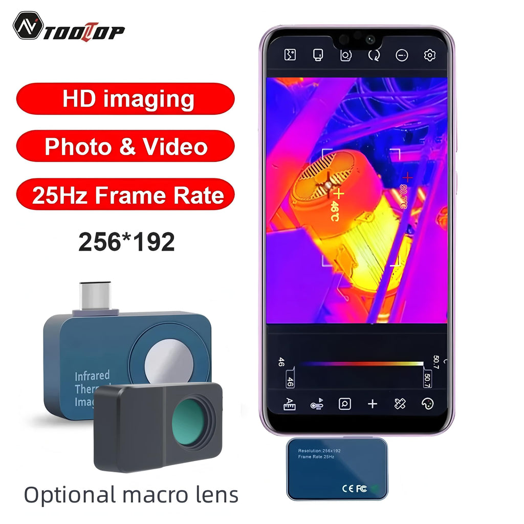 Thermal Camera 256 * 192 Android Type-C Thermal Imager 25Hz Mobile Thermal Imaging Camera for Solar Panel Power Device Fault Detect(T7+ Macro Lens)
