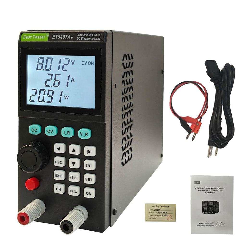 ET5407A+ 200W Programmable DC Electronic Load Tester 0–180V 0–30A Battery Power Supply Tester with CC/CV/CR/CP Modes High-Accuracy 1mV/1mA USB Remote Control LCD Display for Lab R&D EV DIY Electronics