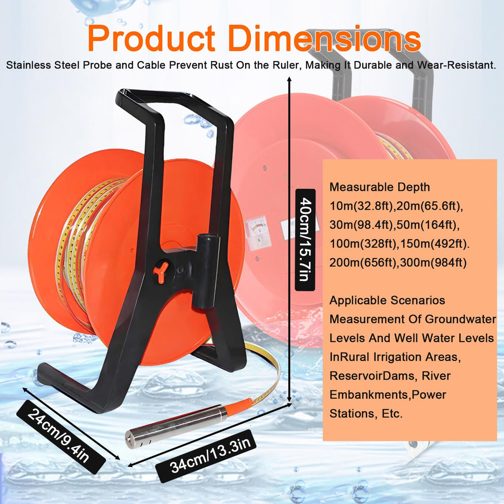 Well Depth Meter, Deep Well Indicator, Stainless Steel Probe with Steel Tape, Groundwater Gauge with Peak Display & Light for Seepage Line Analysis(150m(492ft))