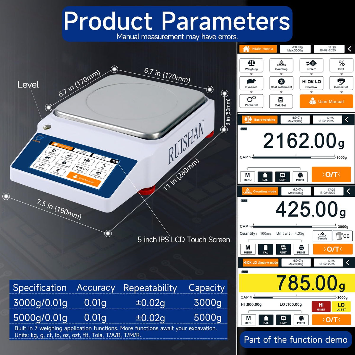 3kg x 0.01g smart laboratory analytical balance scales with Basic weighing, Counting, Cost settlement, Percent , Dynamic , Gross net weight mode, HI OK LO limit alarm, RS232